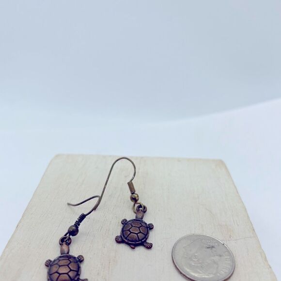 Turtle Antique Bronze Dangling Earrings Handcrafted Nautical Sea-life Coastal - Picture 7 of 9